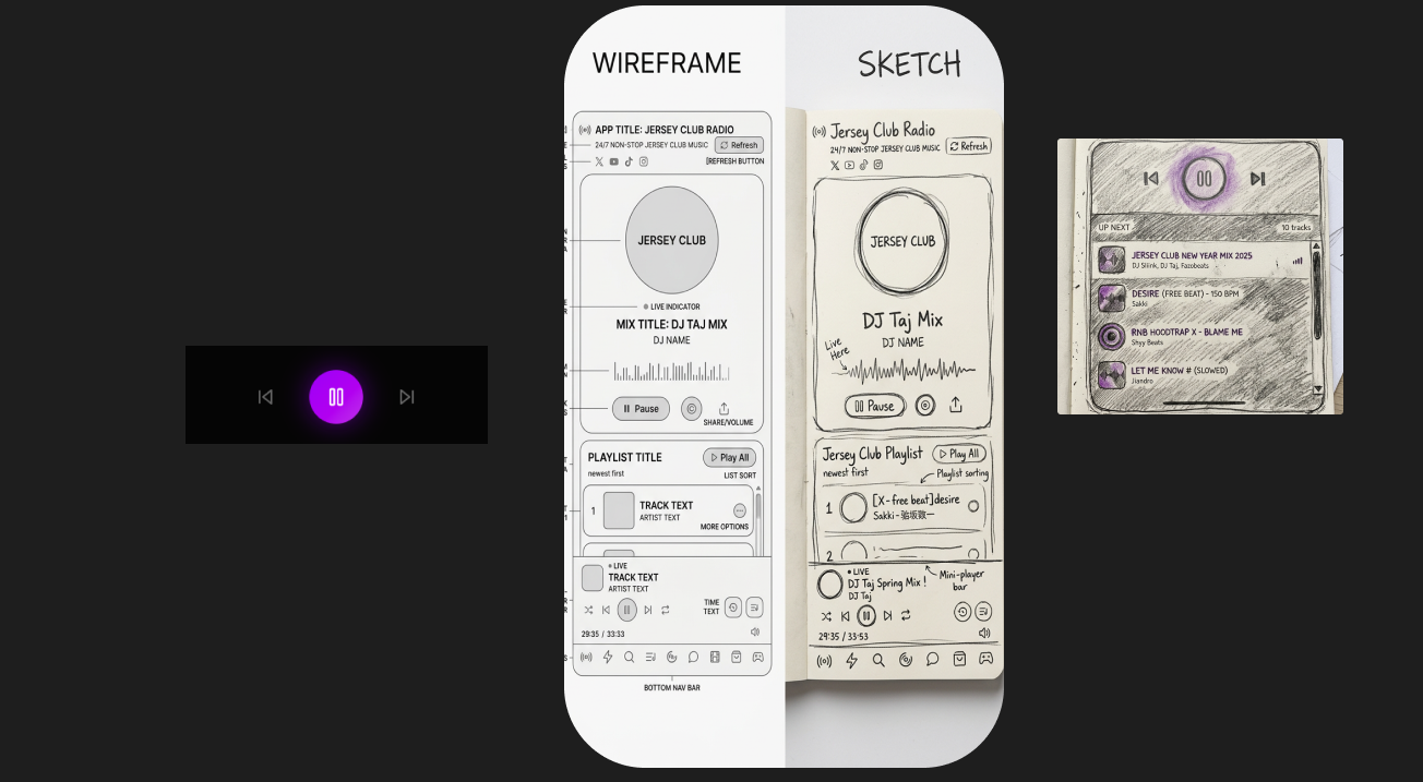 Jersey Club Radio hand sketch and Figma wireframe side by side